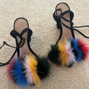 Loeffler Randall lace up suede heels with color faux fur accent in size 8 / 38.